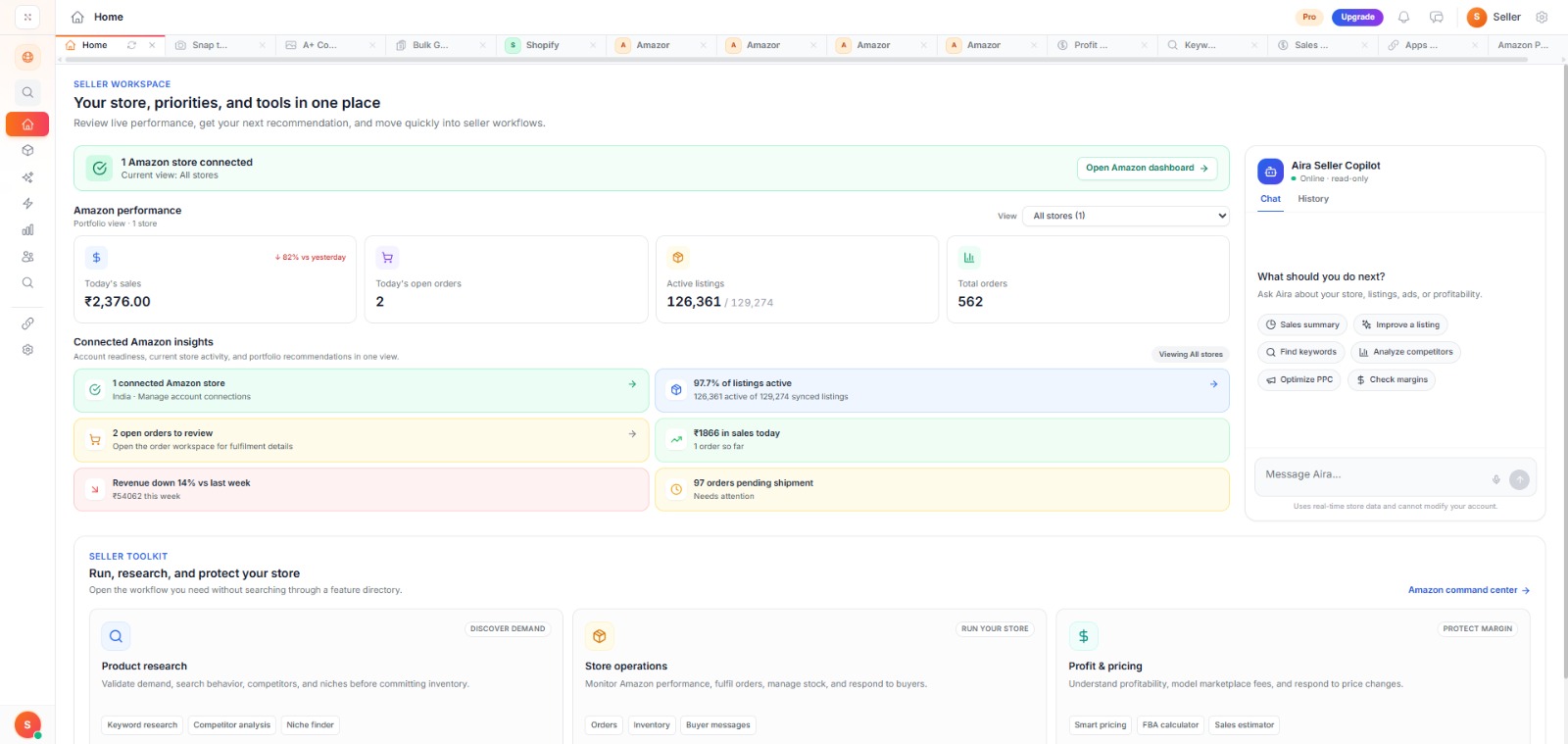 AI Listers seller dashboard with connected Amazon performance, account priorities, seller tools, and AI-assisted workflows